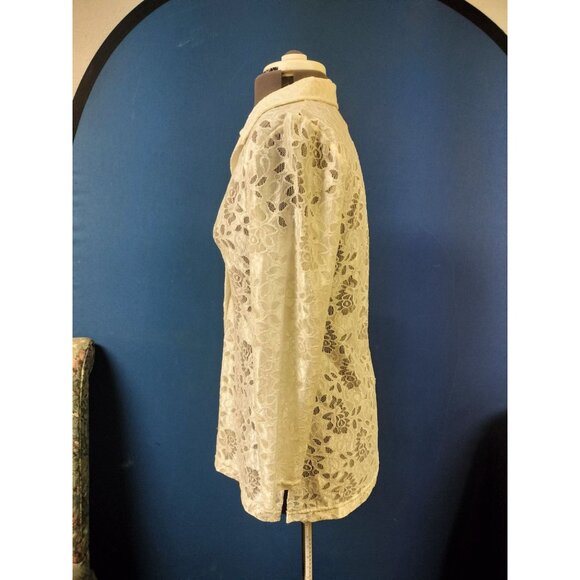 Shasha Collection Womens White Lace Button-Up Long Sleeve Blouse With Floral She - Picture 2 of 5